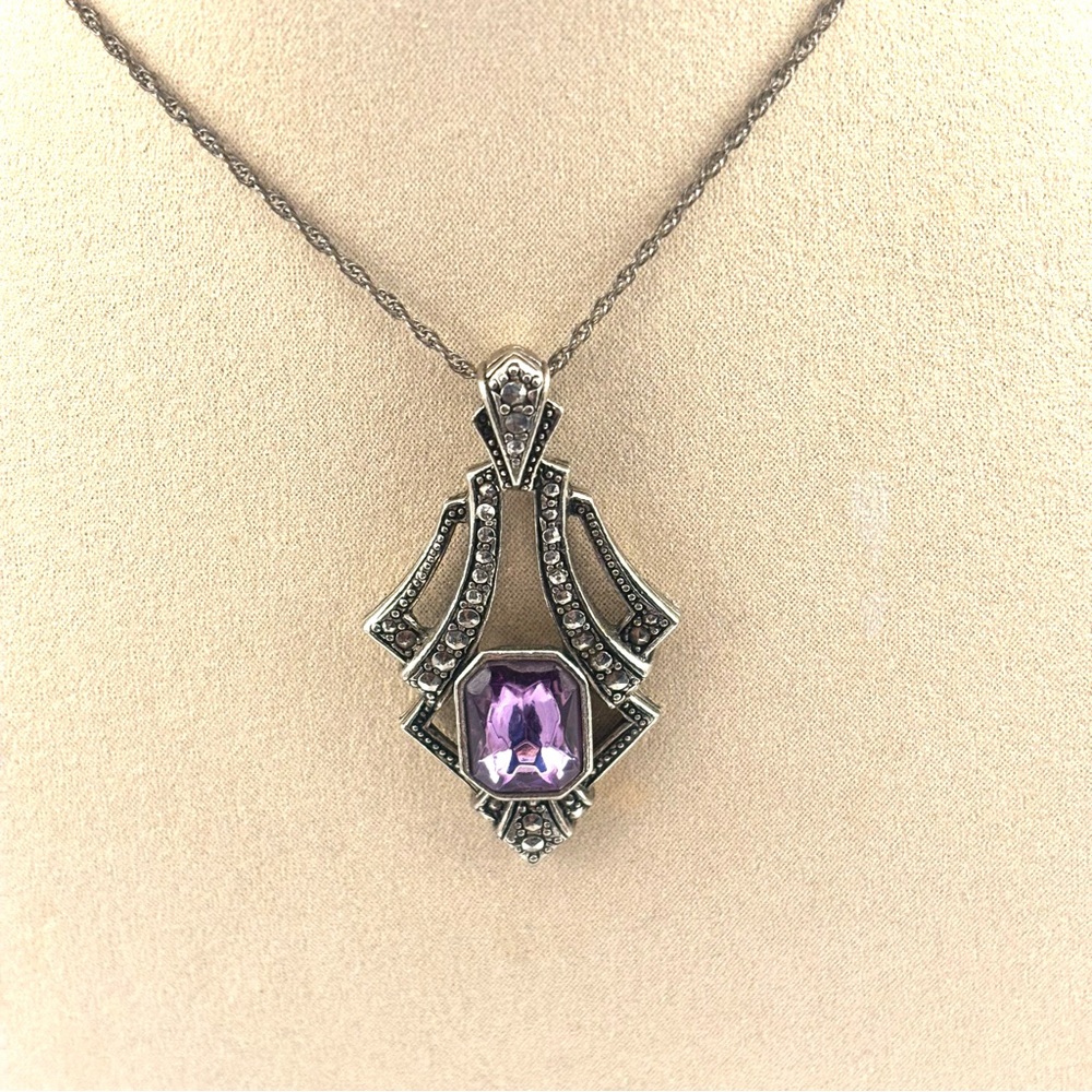 Silver Marcasite and Purple Pendant Necklace Avon Chain
